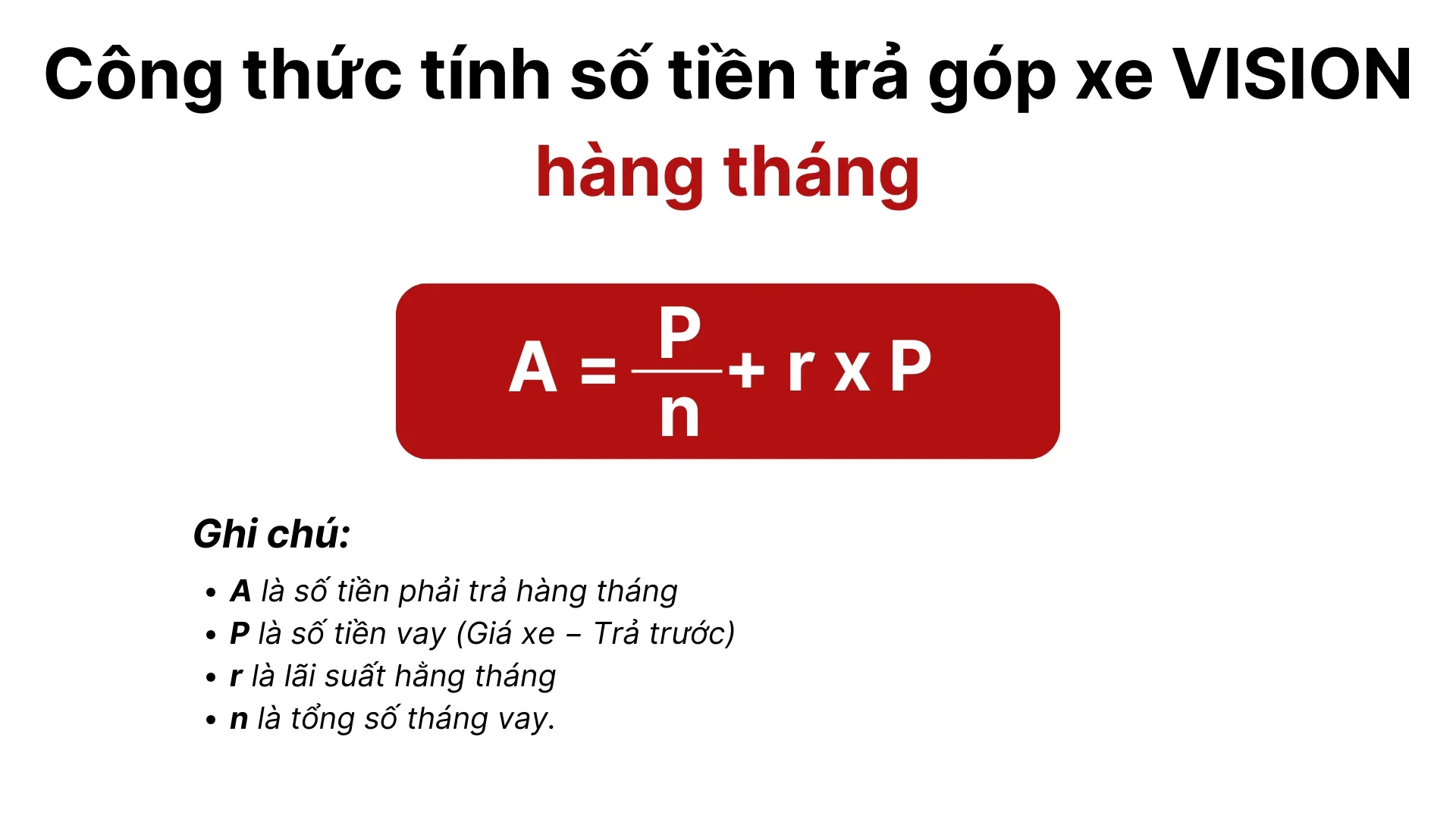 Công thức tính tiền trả góp xe Vision hàng tháng