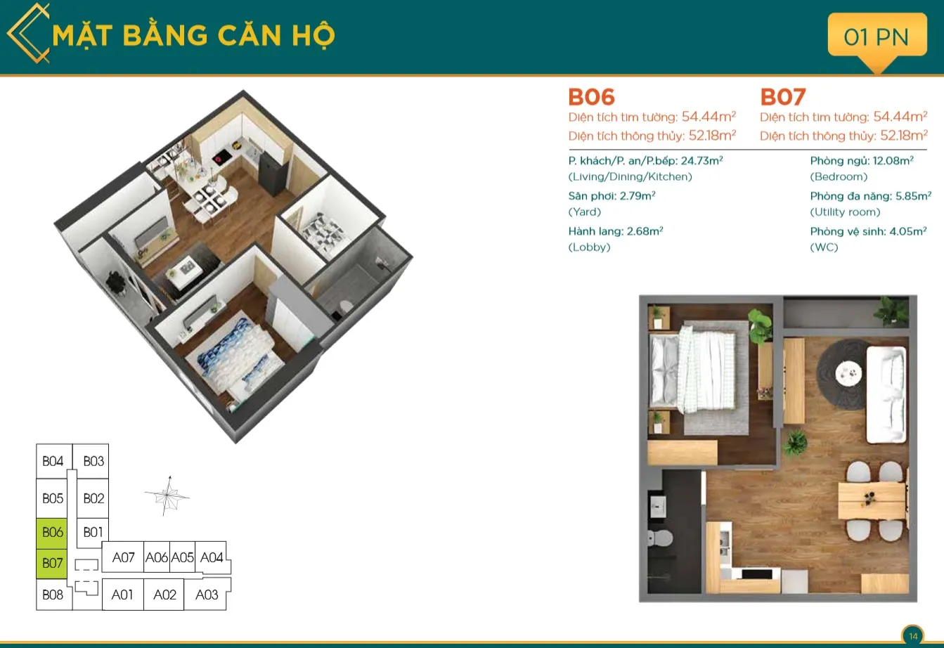 Thiết kế chi tiết căn hộ 1 phòng ngủ (1PN) tại Viva Plaza