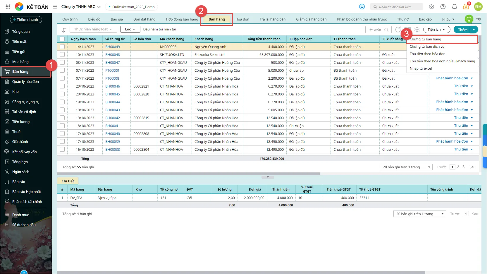 Màn hình chọn chứng từ bán hàng