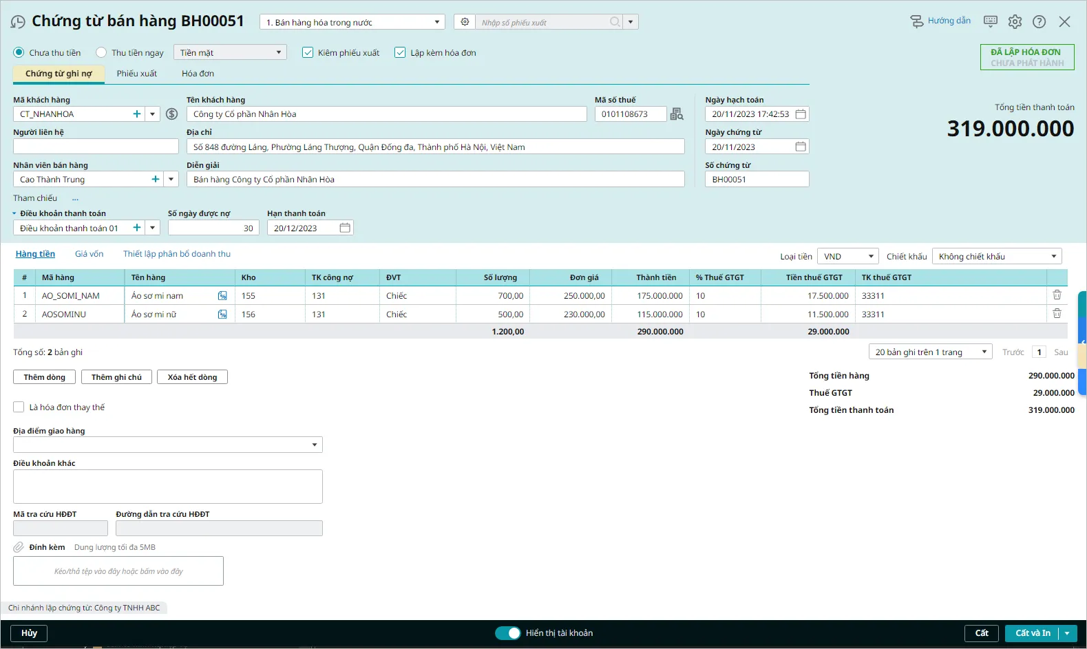 Màn hình chọn loại chứng từ