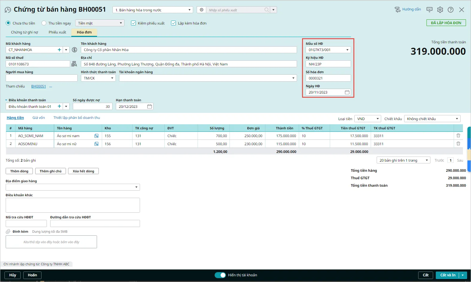Màn hình nhập thông tin chứng từ