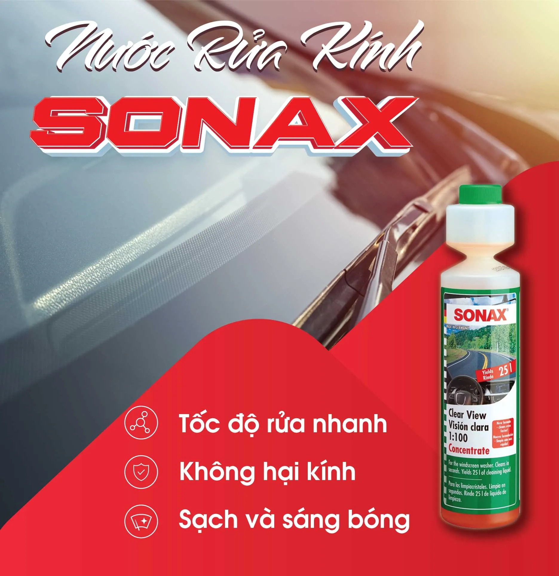 Nước rửa kính xe ô tô Sonax chính hãng giúp làm sạch bề mặt kính hiệu quả và bảo vệ lưỡi gạt mưa