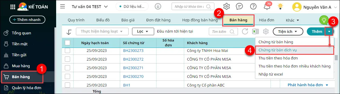 Màn hình chọn chứng từ bán dịch vụ