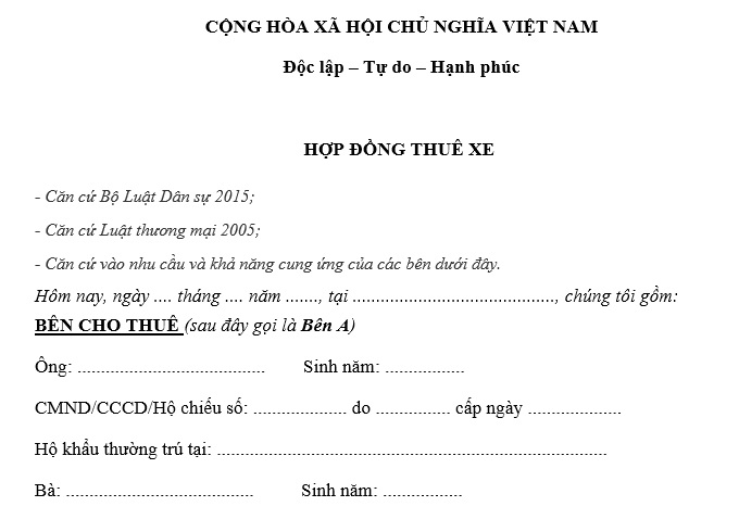 Mẫu hợp đồng cho thuê xe ô tô chuẩn pháp lý và mới nhất 2024