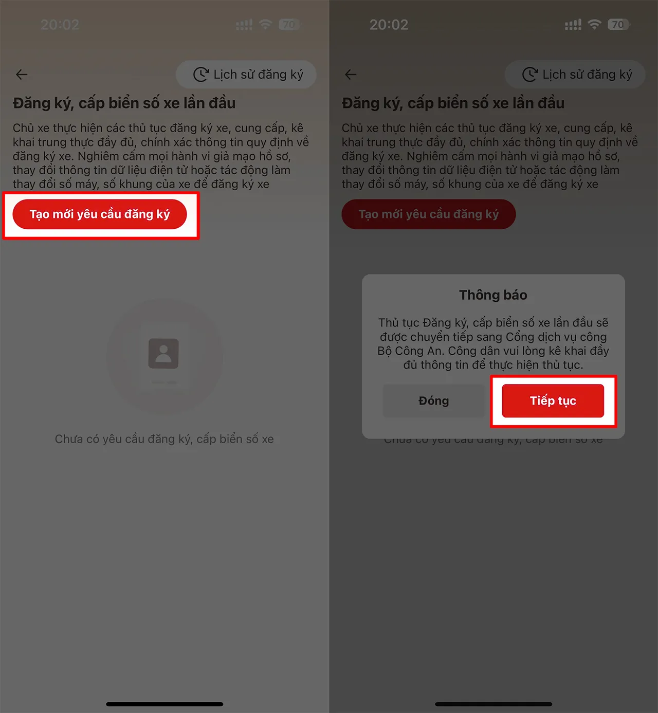 Tạo mới yêu cầu đăng ký biển số xe ô tô online trên smartphone.