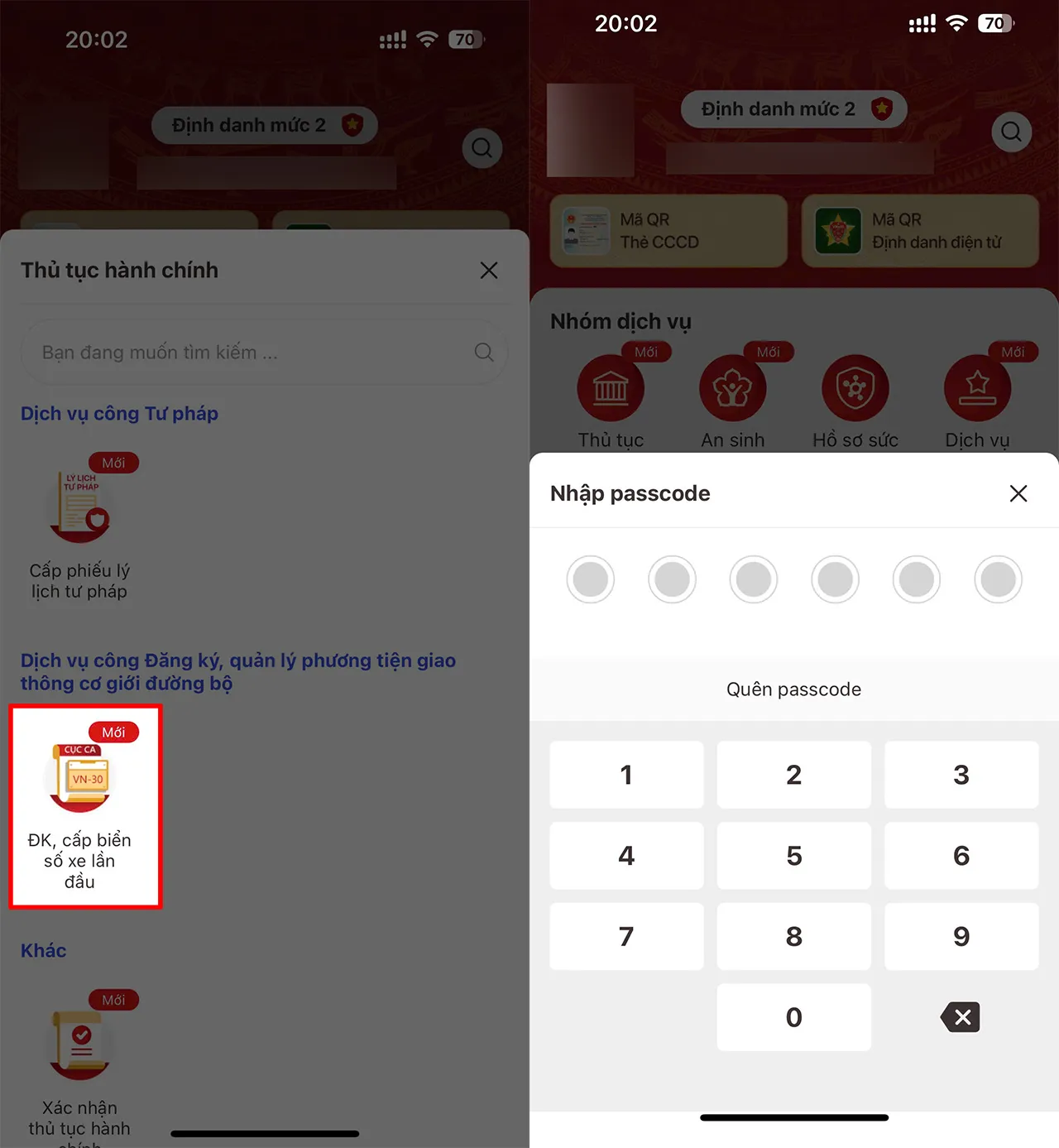 Chọn đăng ký biển số xe lần đầu và xác thực bằng Passcode.