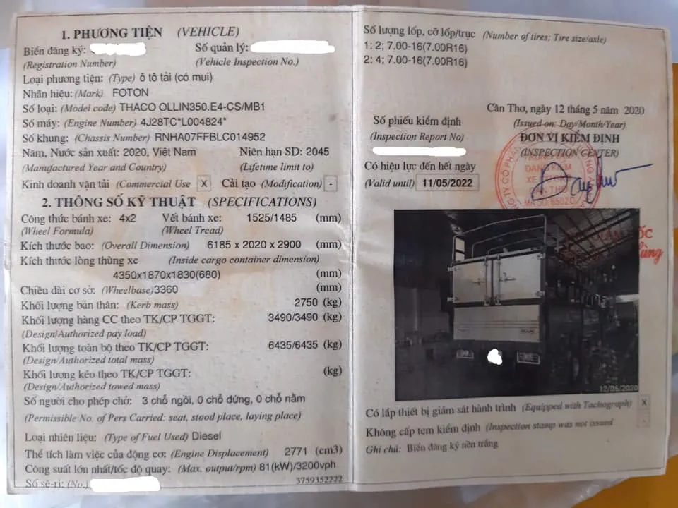 Giấy đăng ký xe Thaco Ollin 350 đời 2020