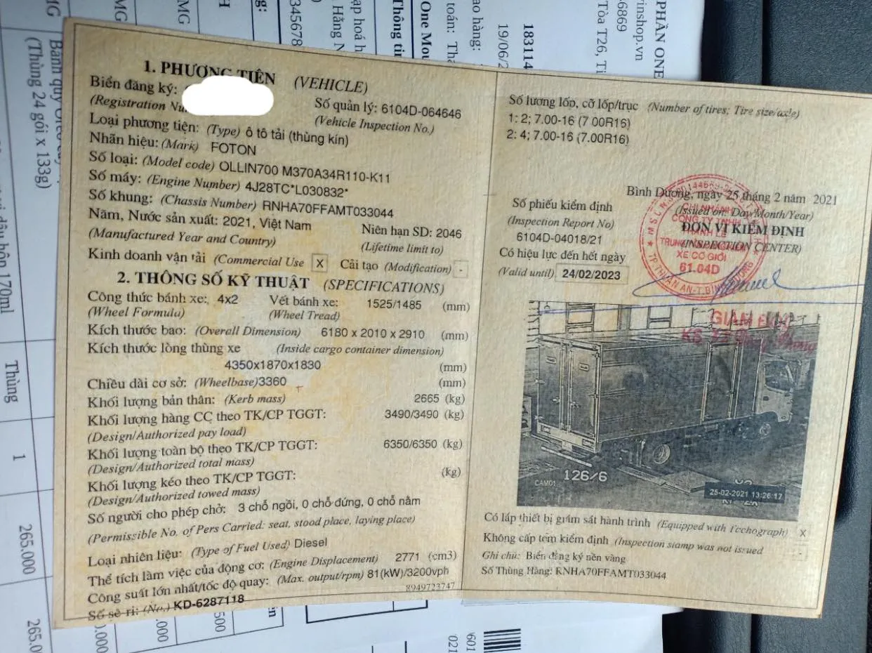 Giấy đăng kiểm xe Thaco Ollin 700 đời 2021