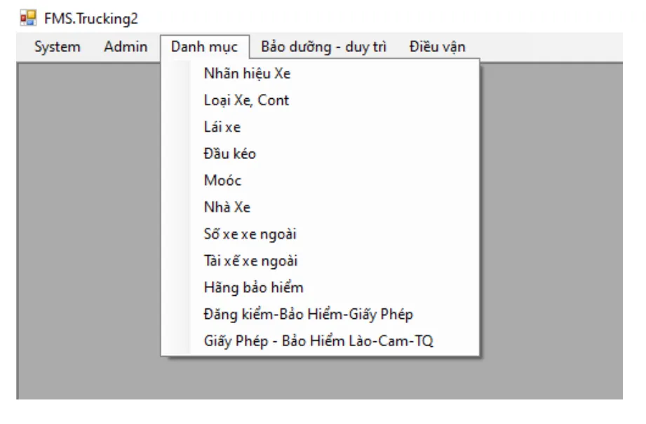 Các danh mục quản lý: tài xế, đầu kéo, rơ moóc, nhà xe ngoài