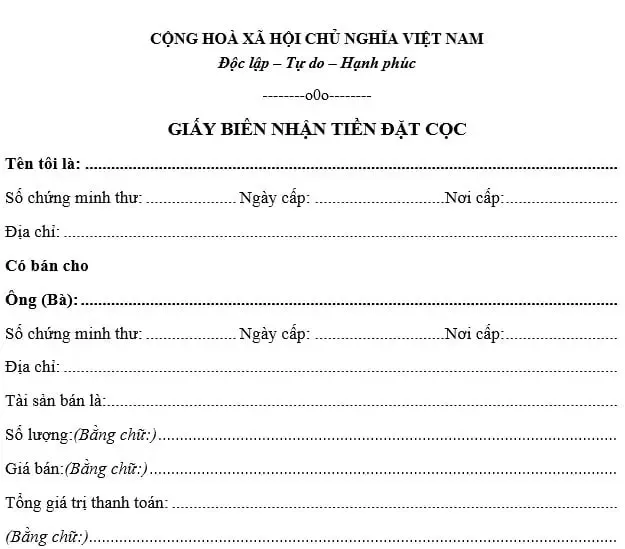 Mẫu giấy đặt cọc tiền xe ô tô chuẩn theo quy định mới nhất hiện nay