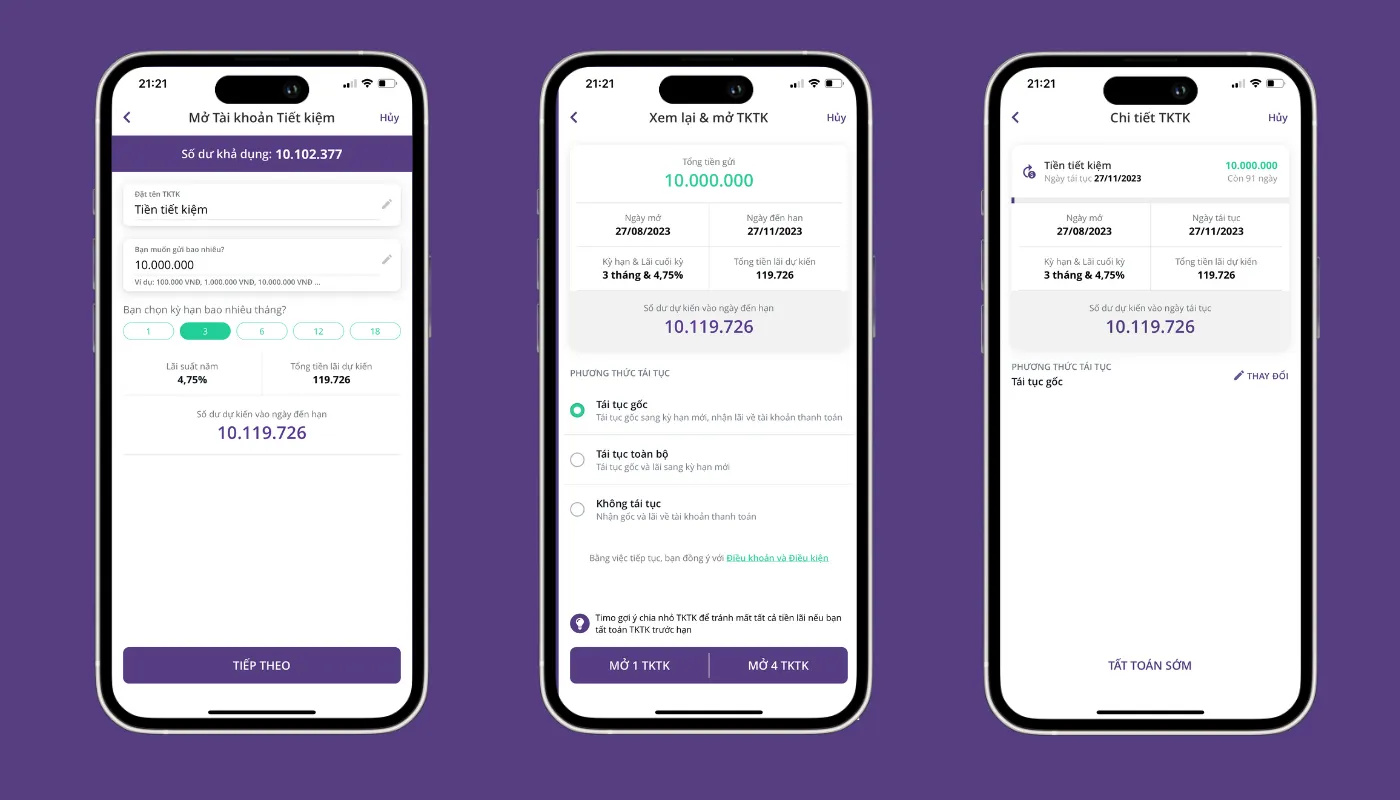 Giao diện chọn kỳ hạn và phương thức tái tục tiền gửi 1 tỷ đồng