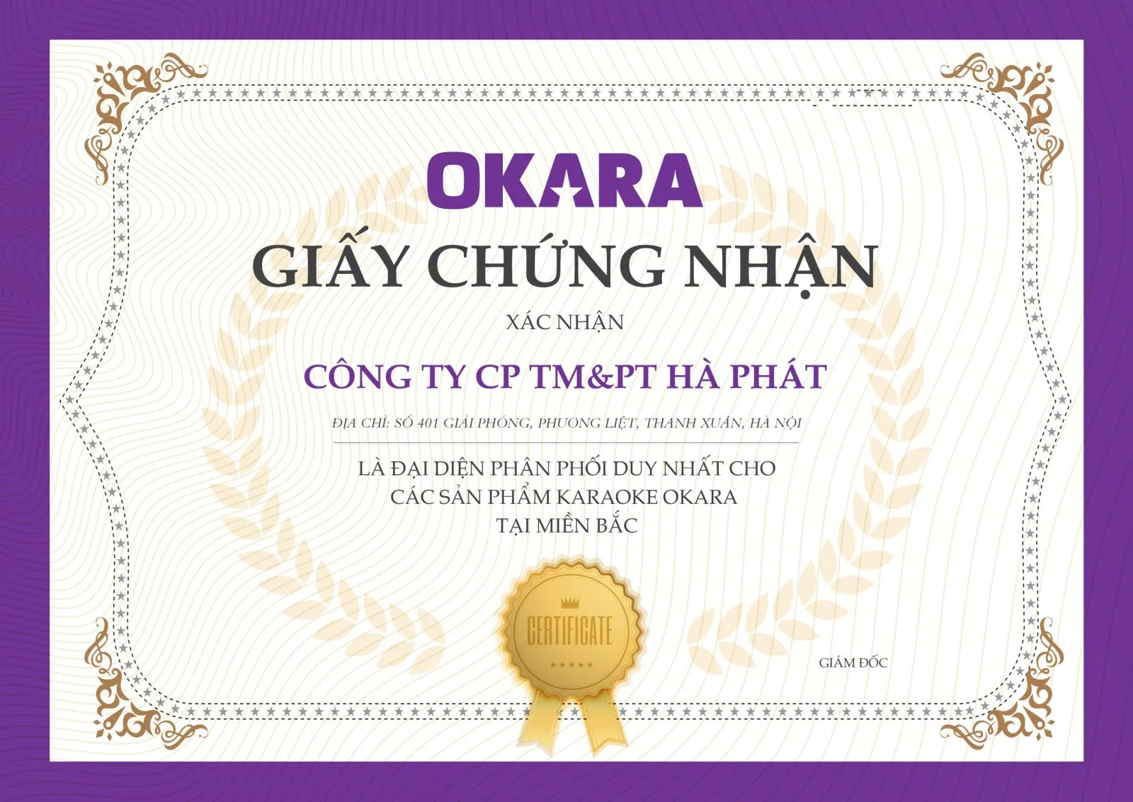 Thông báo ủy quyền đại diện Okara Miền Bắc tại Hà Phát Audio