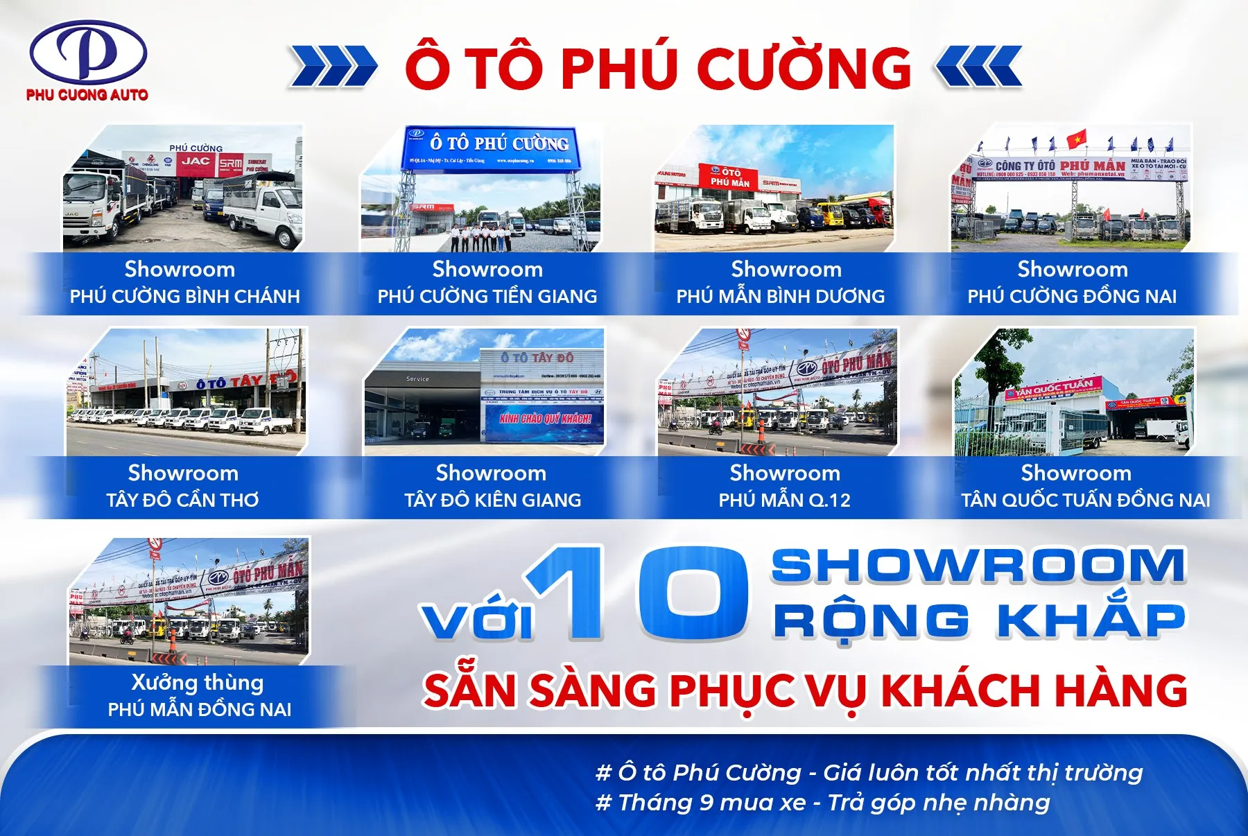 Hệ thống showroom hiện đại trưng bày đầy đủ các dòng xe tải và đầu kéo