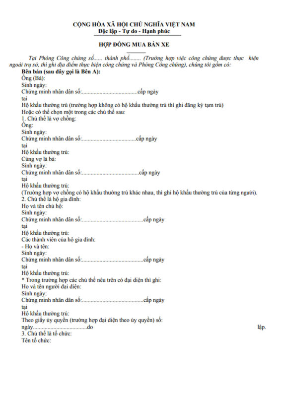 Mẫu Hợp Đồng Mua Bán Xe Ô Tô Cũ Chuẩn Pháp Lý Năm 2024