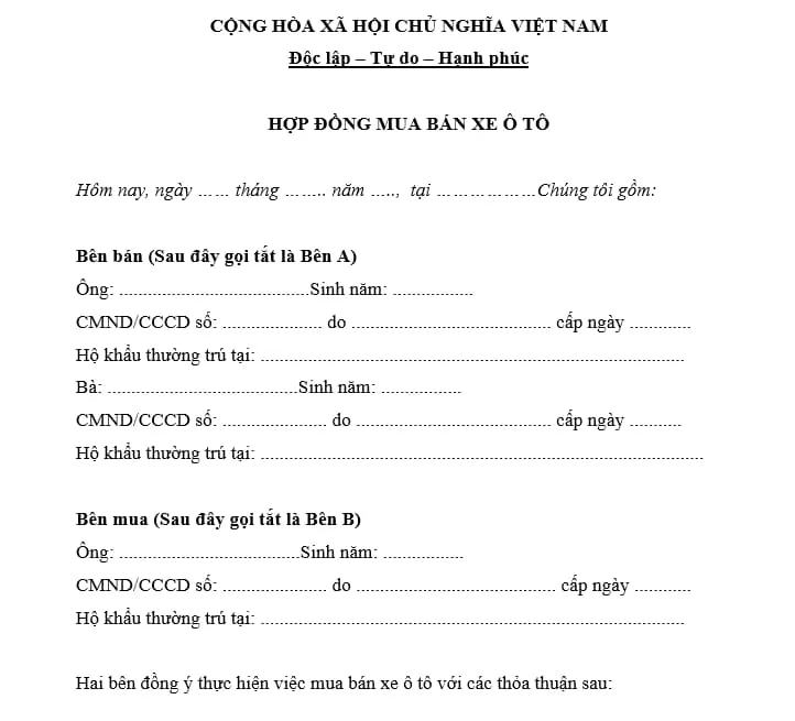 Mẫu hợp đồng mua bán xe ô tô cũ chuẩn pháp lý