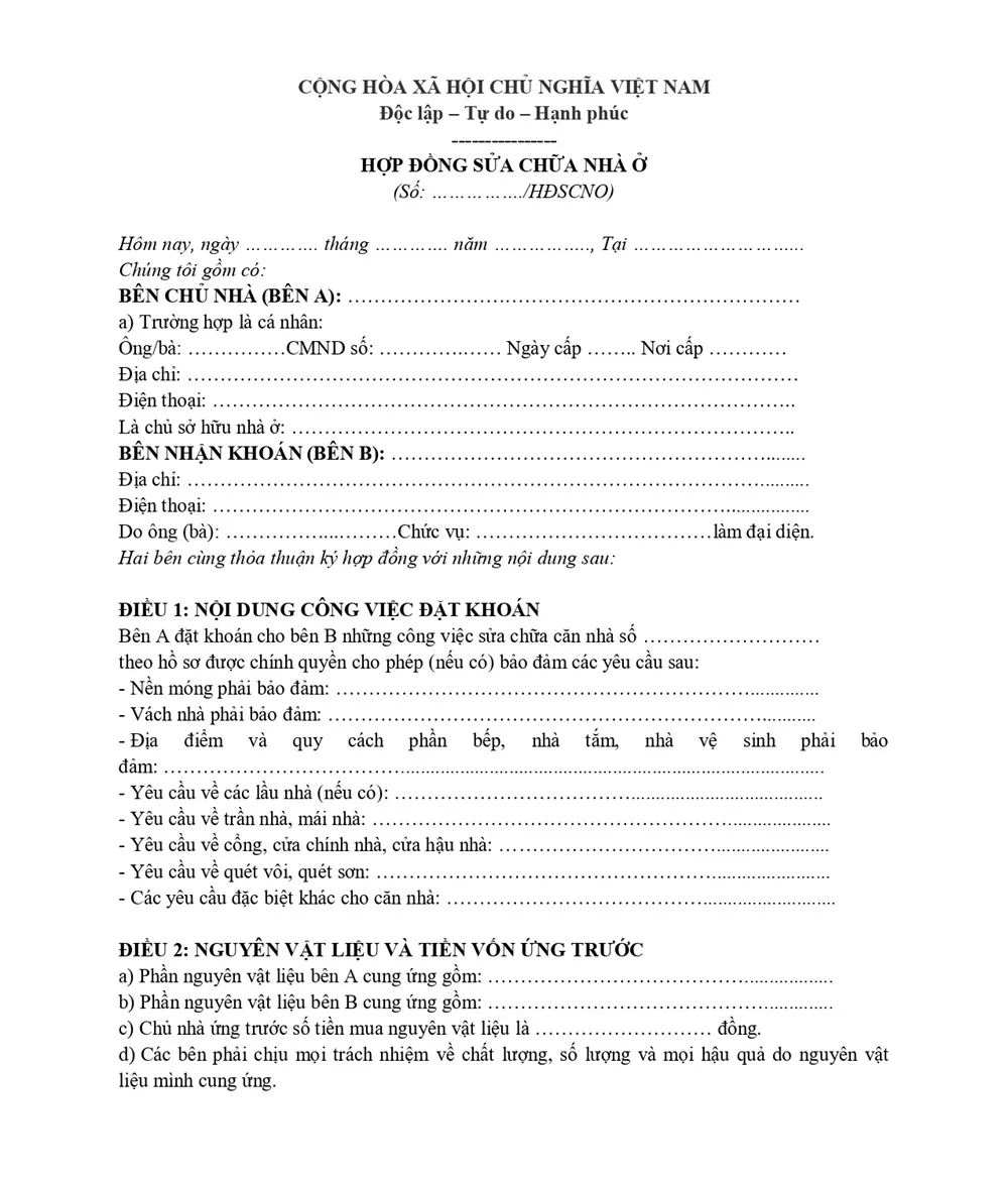 Hợp đồng sửa chữa nhà