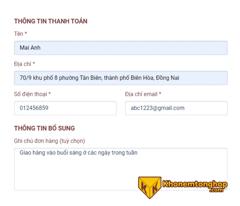 Điền thông tin nhận hàng