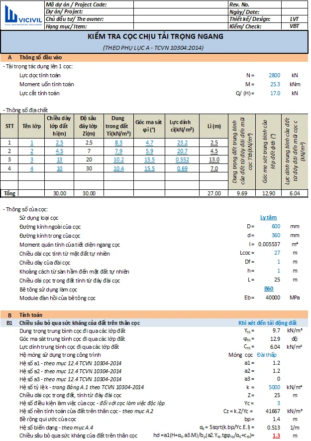 Bảng tính Excel kiểm tra cọc chịu tải trọng ngang TCVN 10304:2014