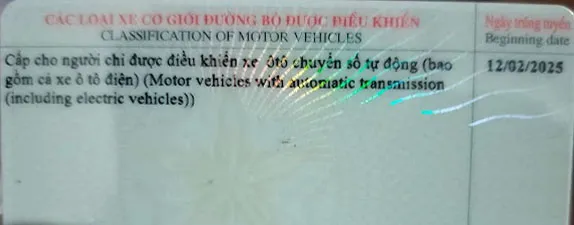 Mặt sau bằng lái xe hạng B số tự động cung cấp thông tin chi tiết về loại xe được phép vận hành