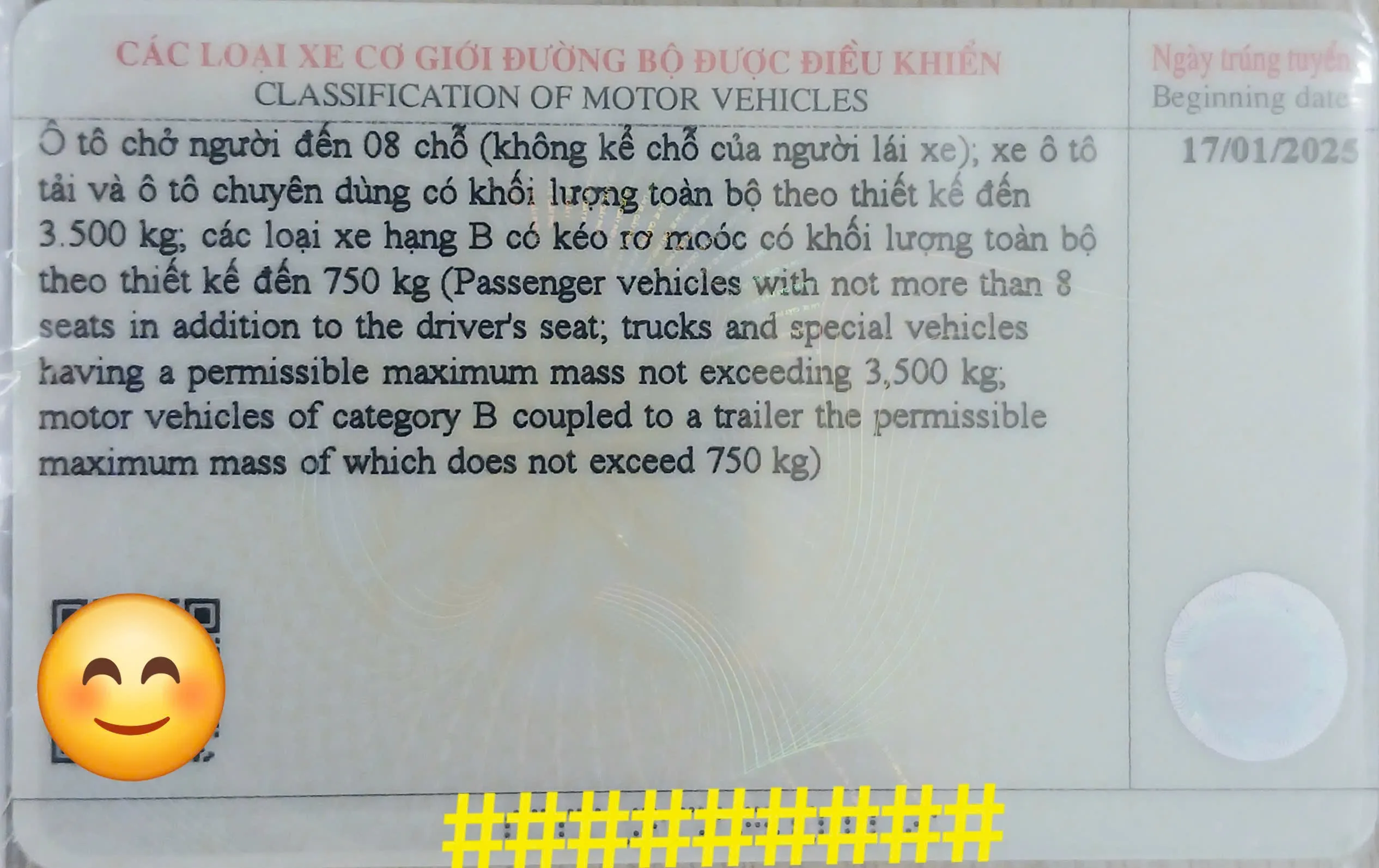Mẫu bằng lái xe ô tô hạng B mới nhất theo quy định của Bộ Giao thông vận tải với đầy đủ thông tin về loại xe được phép điều khiển