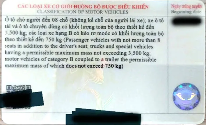 Mặt sau bằng lái xe ô tô hạng B số sàn mẫu mới giúp học viên hiểu rõ phạm vi điều khiển phương tiện