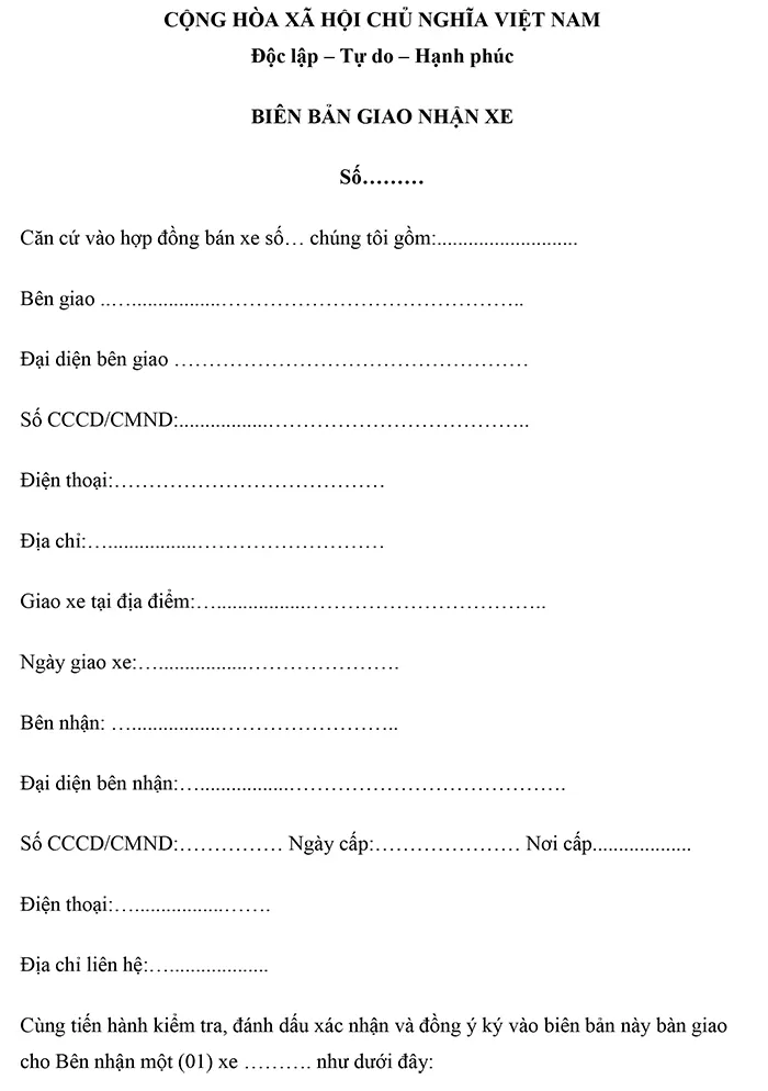 Mẫu biên bản bàn giao xe ô tô chi tiết và chuẩn xác nhất