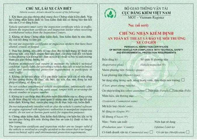 Mẫu Giấy Đăng Kiểm Xe Sử Dụng Năng Lượng Sạch