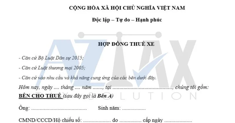 Mẫu hợp đồng thuê xe ô tô của cá nhân