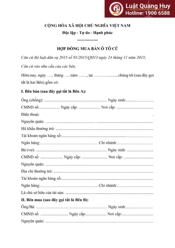 Mẫu Hợp Đồng Mua Bán Xe Ô Tô Cũ Chuẩn Pháp Lý Năm 2024