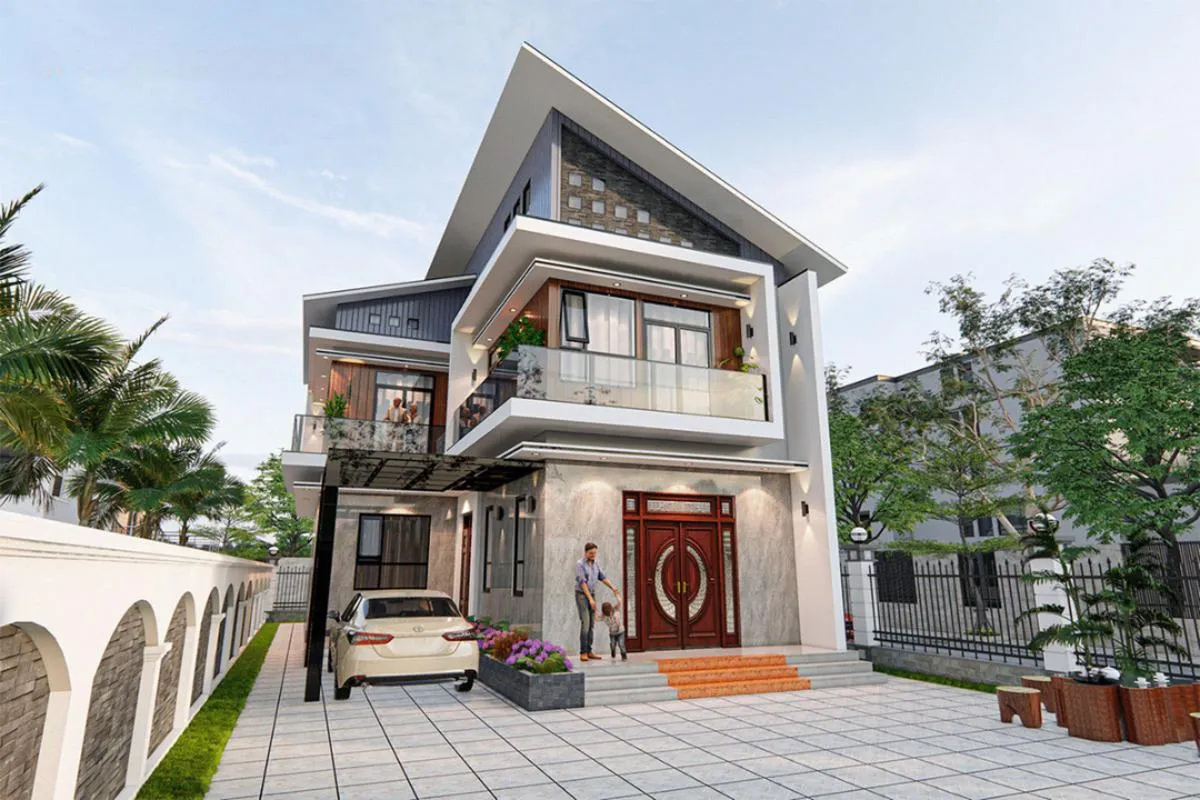 Mẫu nhà 2 tầng có gara ô tô bên hông nhà
