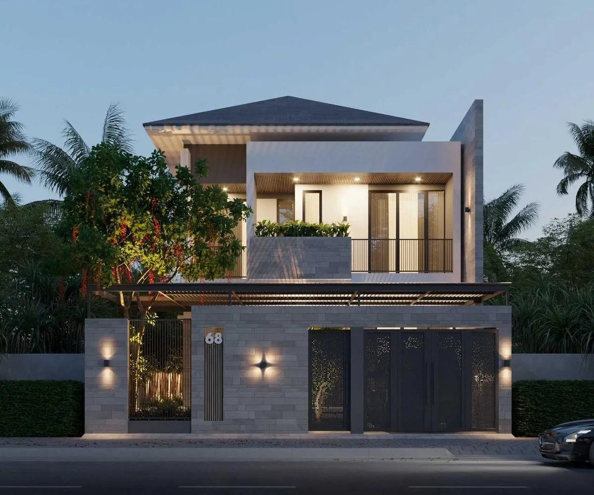 Mẫu nhà 2 tầng hiện đại có bố trí gara ô tô ngay cửa nhà