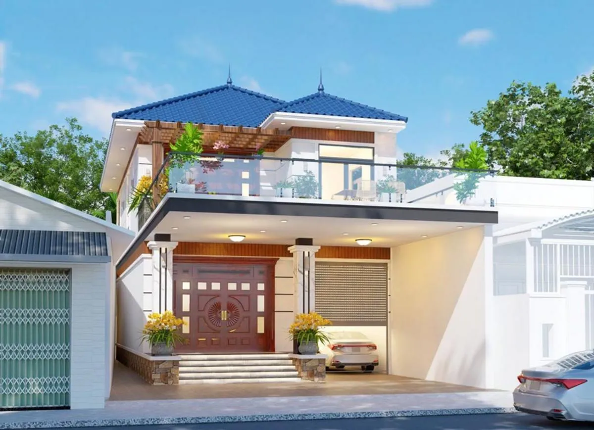 Mẫu nhà 2 tầng mái Nhật có gara ô tô ngay trước mặt tiền nhà