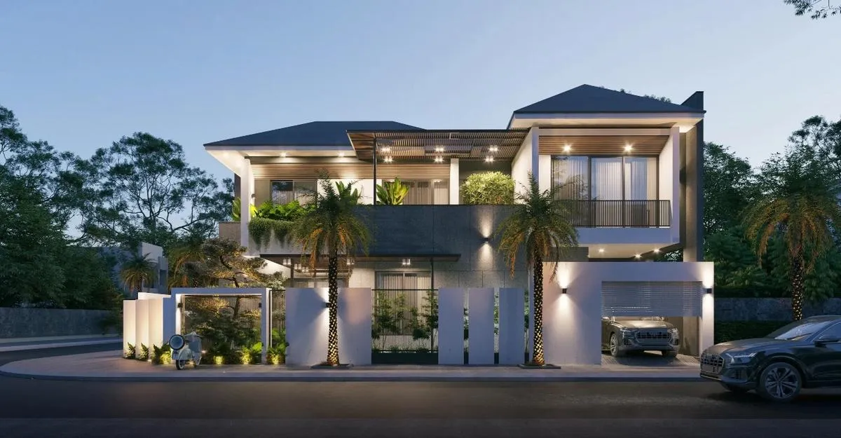 Mẫu nhà mái Nhật 2 tầng có gara ô tô trong nhà