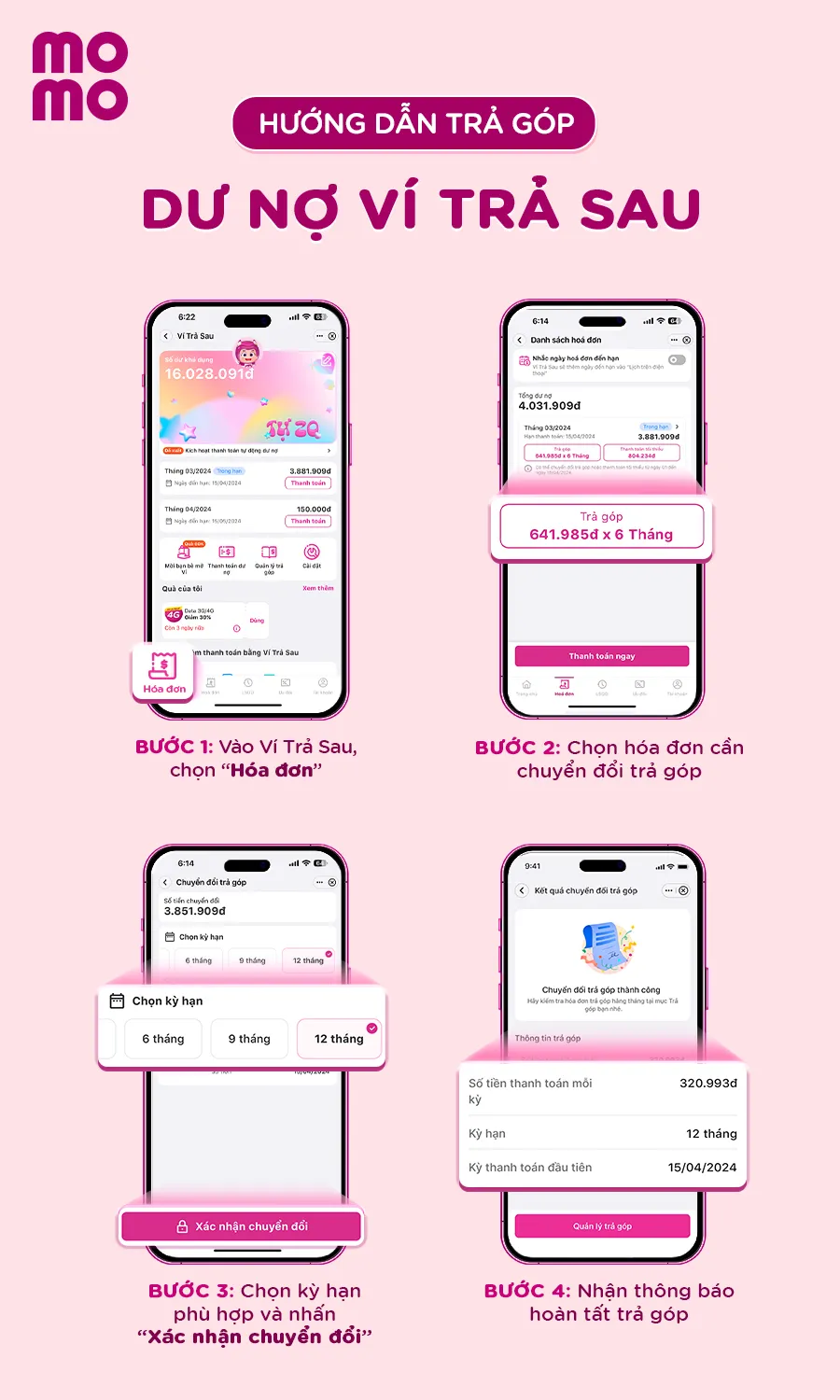 Quy trình 3 bước thực hiện thanh toán trả góp qua Momo nhanh chóng.