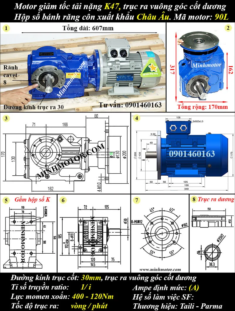 Motor giảm tốc tải nặng 1.5kW 2HP K47
