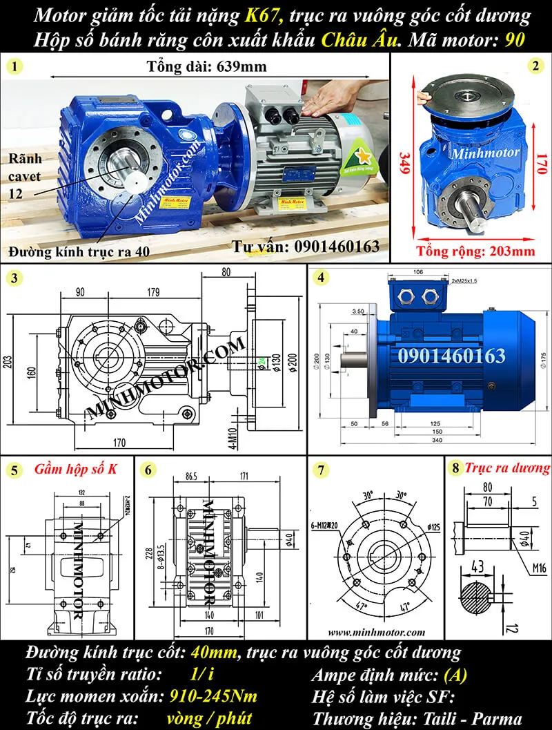 Motor giảm tốc tải nặng 1.5kW 2HP K67