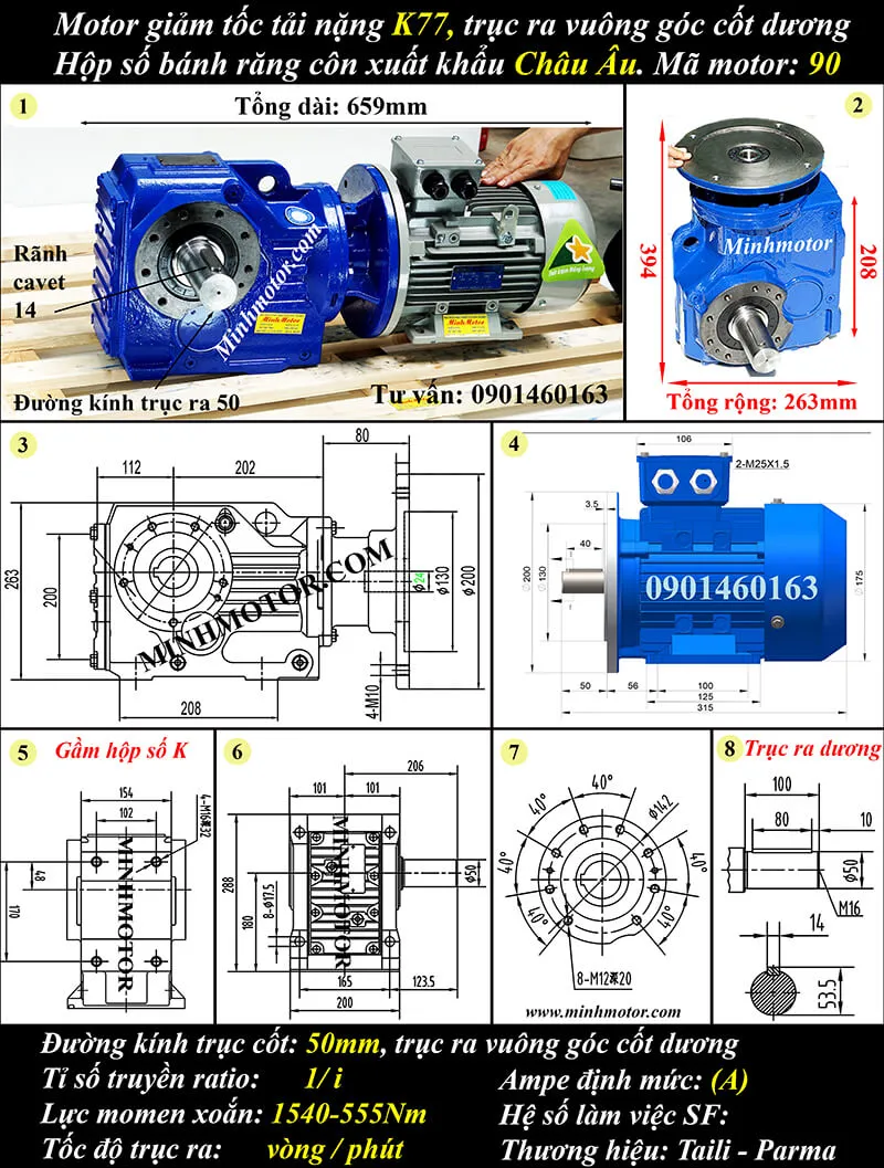 Motor giảm tốc tải nặng 1.5kW 2HP K77