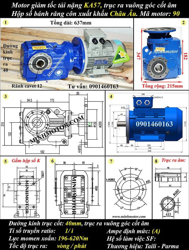 Motor giảm tốc tải nặng 1.5kW 2HP KA57