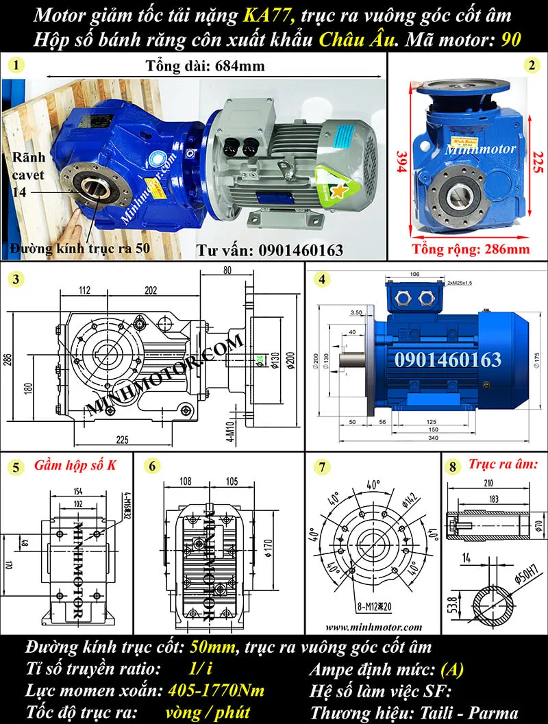 Motor giảm tốc tải nặng 1.5kW 2HP KA77