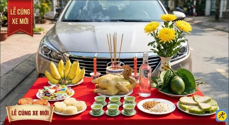 Chuẩn bị lễ vật cúng xe mới đầy đủ, trang trọng