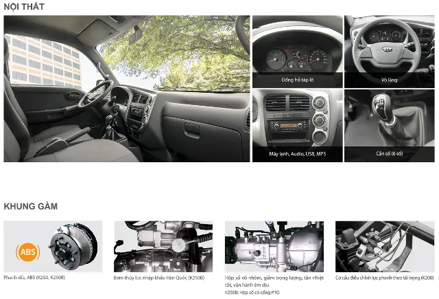 Khoang nội thất xe tải Kia K250 thiết kế theo tiêu chuẩn xe du lịch