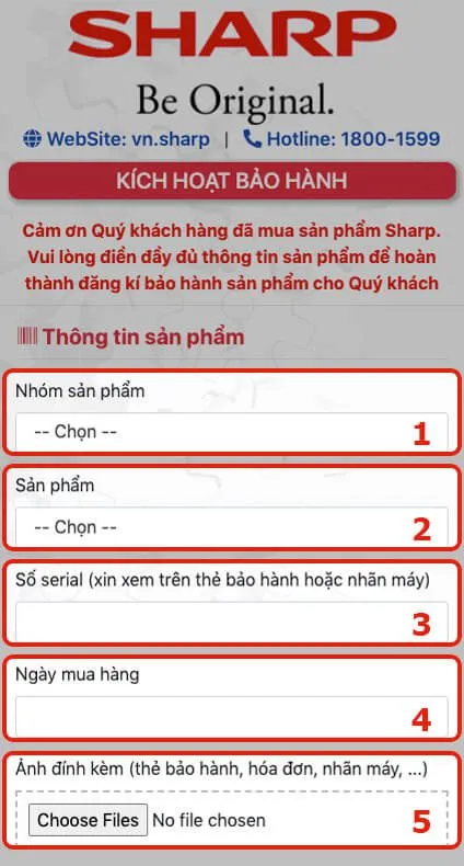 Màn hình nhập thông tin sản phẩm Sharp