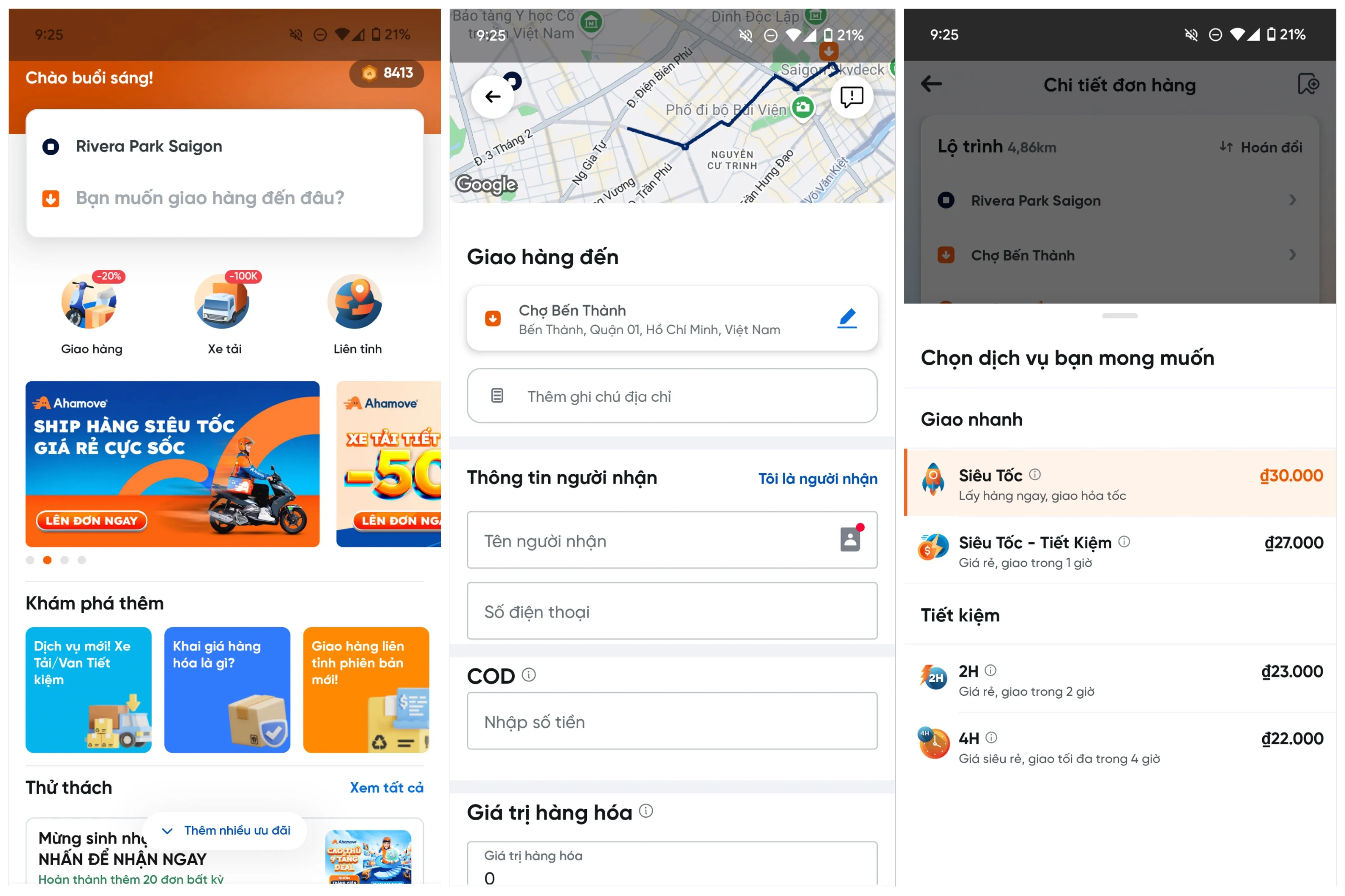 Giao diện ứng dụng đặt dịch vụ thuê xe chuyên dụng chở xe máy và hàng nặng