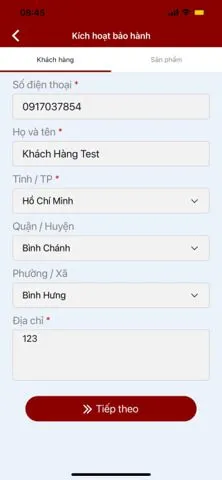 Màn hình nhập thông tin khách hàng
