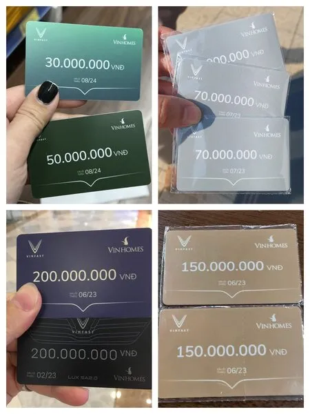 Voucher VinFast các mệnh giá 70, 150, 200, 350 triệu đồng với thiết kế màu sắc khác biệt