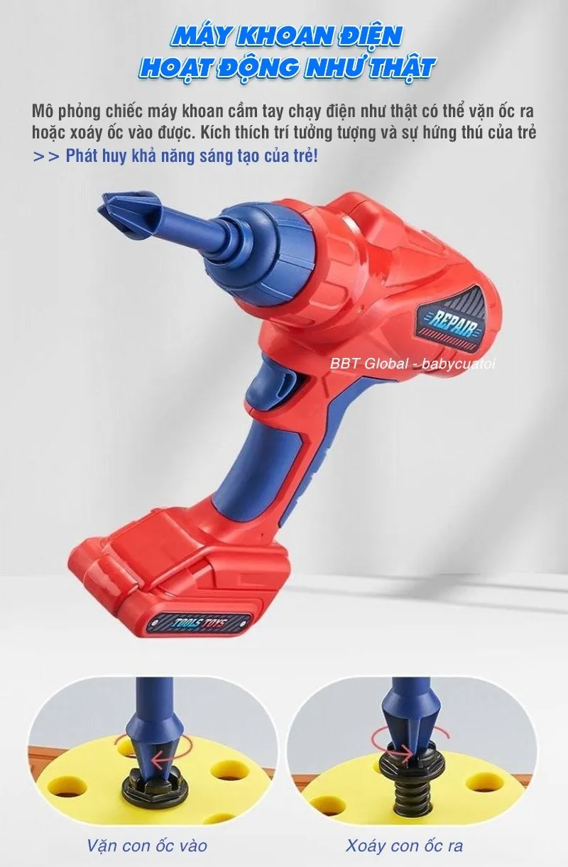 Bé tập làm kỹ sư với mũ bảo hiểm và máy khoan chạy pin