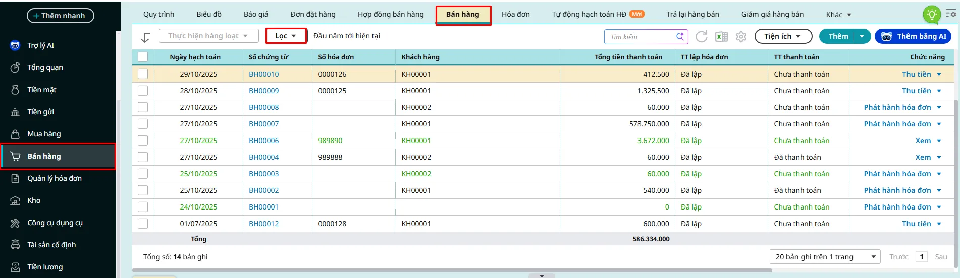 Màn hình danh sách chứng từ
