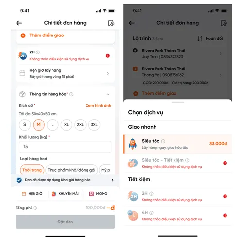 Lựa chọn dịch vụ Siêu tốc cho các đơn hàng xe máy dưới 60kg