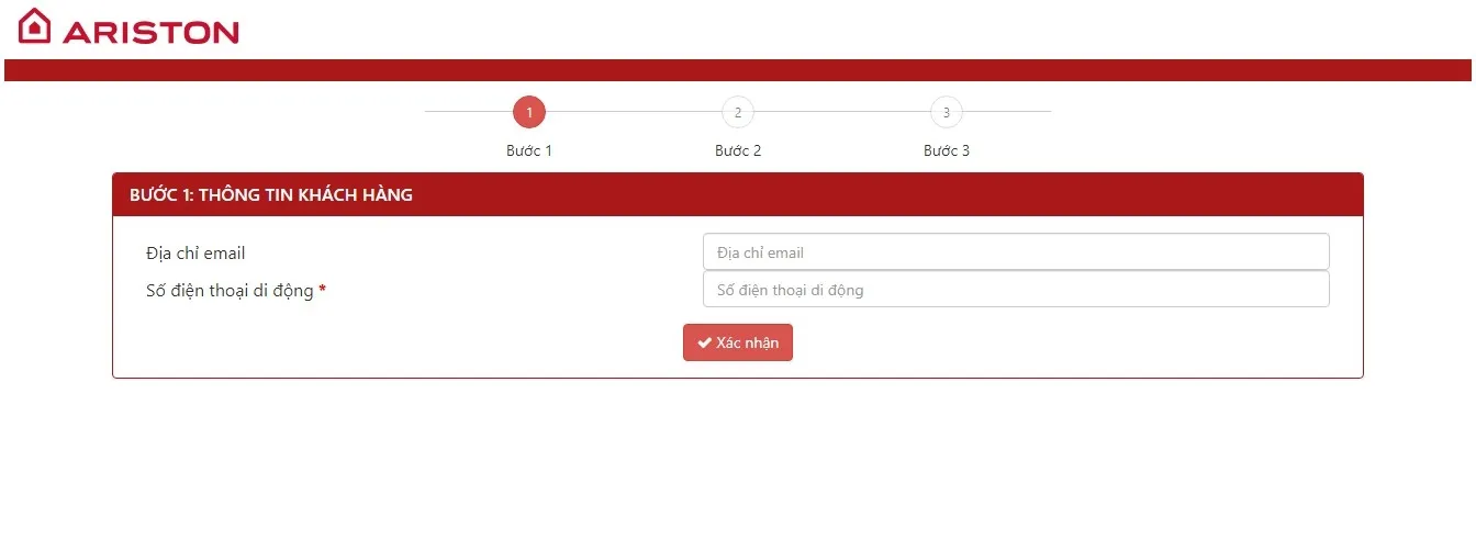 Giao diện đăng nhập website Ariston để kích hoạt bảo hành