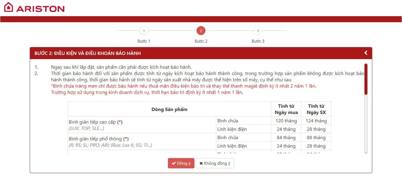 Màn hình điều khoản bảo hành Ariston cần xác nhận
